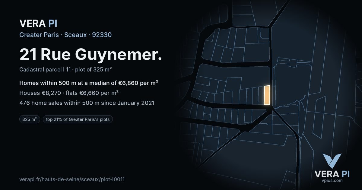21 Rue Guynemer, Sceaux at night – the plot lit, the parcels around coloured by the prices near them