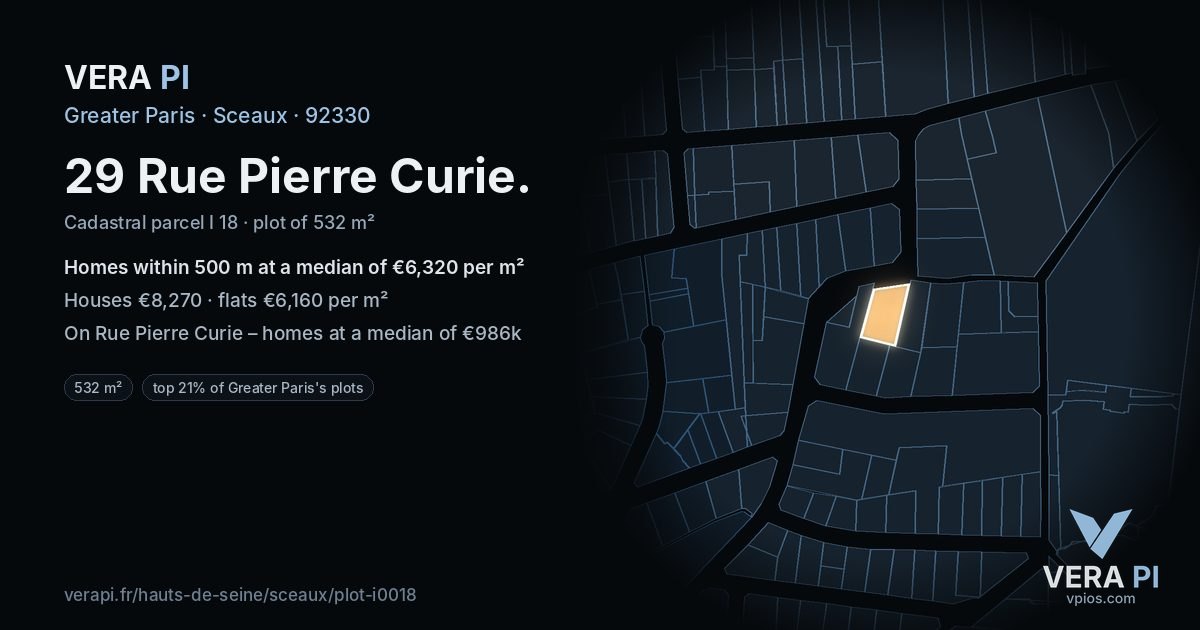 29 Rue Pierre Curie, Sceaux at night – the plot lit, the parcels around coloured by the prices near them