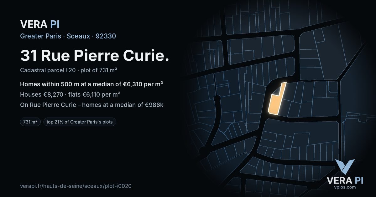 31 Rue Pierre Curie, Sceaux at night – the plot lit, the parcels around coloured by the prices near them
