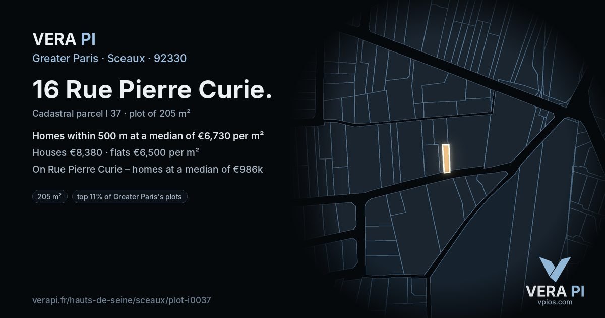 16 Rue Pierre Curie, Sceaux at night – the plot lit, the parcels around coloured by the prices near them