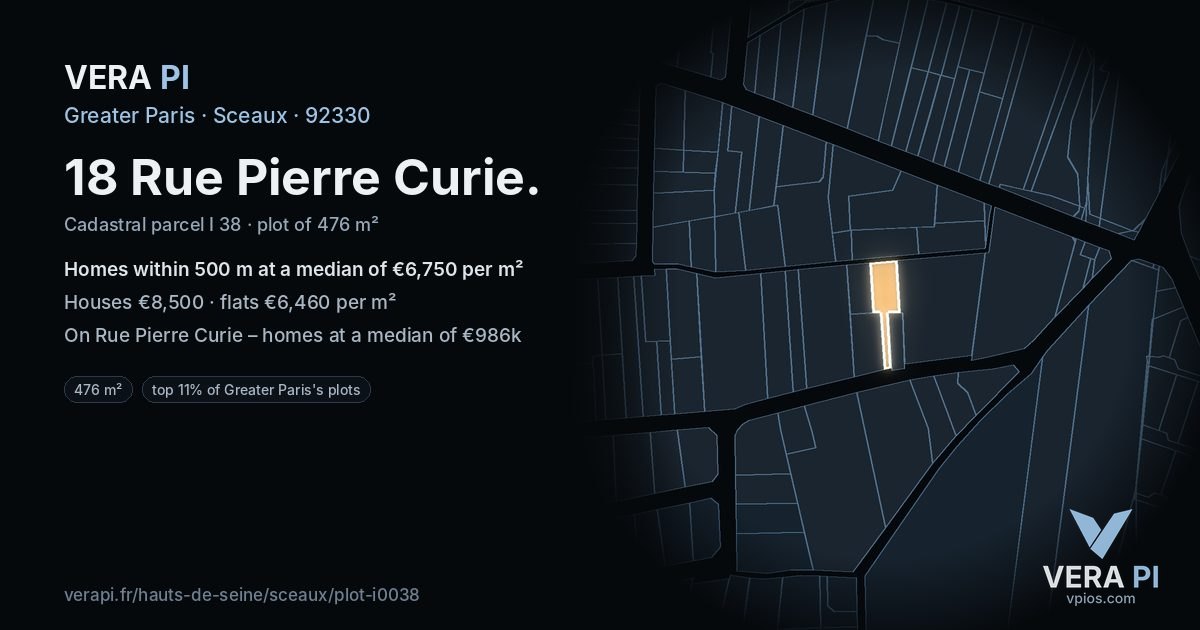 18 Rue Pierre Curie, Sceaux at night – the plot lit, the parcels around coloured by the prices near them