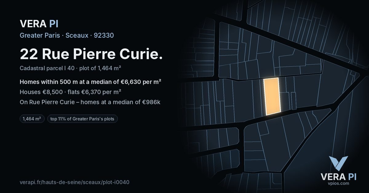 22 Rue Pierre Curie, Sceaux at night – the plot lit, the parcels around coloured by the prices near them