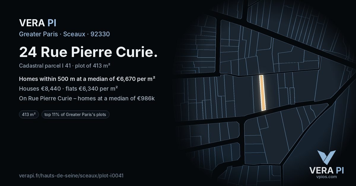 24 Rue Pierre Curie, Sceaux at night – the plot lit, the parcels around coloured by the prices near them
