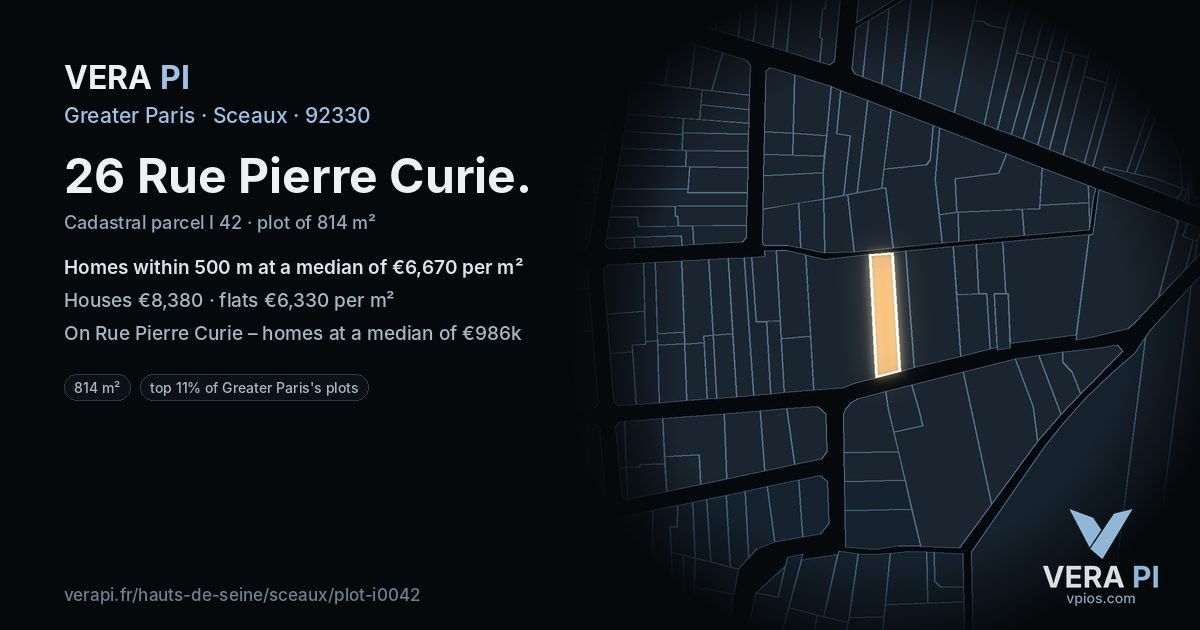 26 Rue Pierre Curie, Sceaux at night – the plot lit, the parcels around coloured by the prices near them