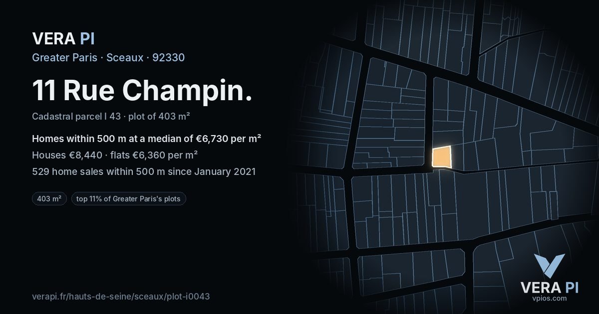 11 Rue Champin, Sceaux at night – the plot lit, the parcels around coloured by the prices near them