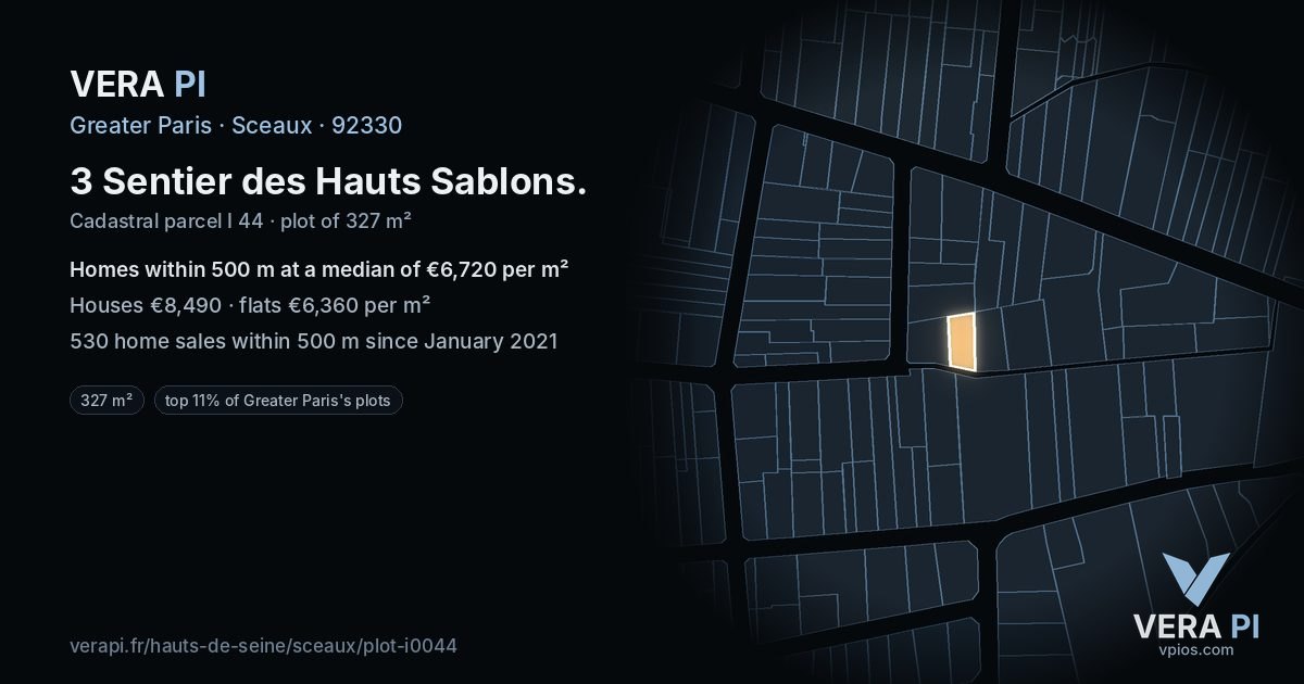 3 Sentier des Hauts Sablons, Sceaux at night – the plot lit, the parcels around coloured by the prices near them
