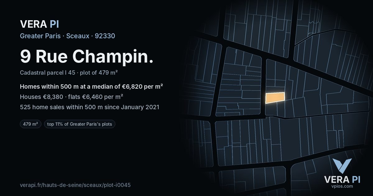 9 Rue Champin, Sceaux at night – the plot lit, the parcels around coloured by the prices near them
