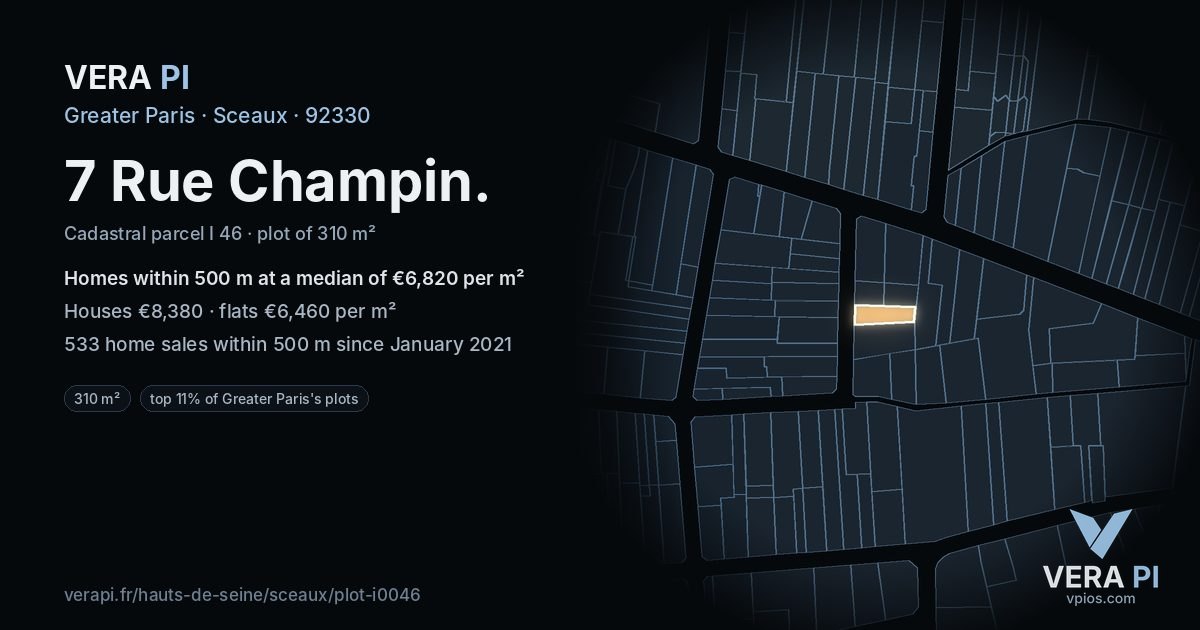 7 Rue Champin, Sceaux at night – the plot lit, the parcels around coloured by the prices near them