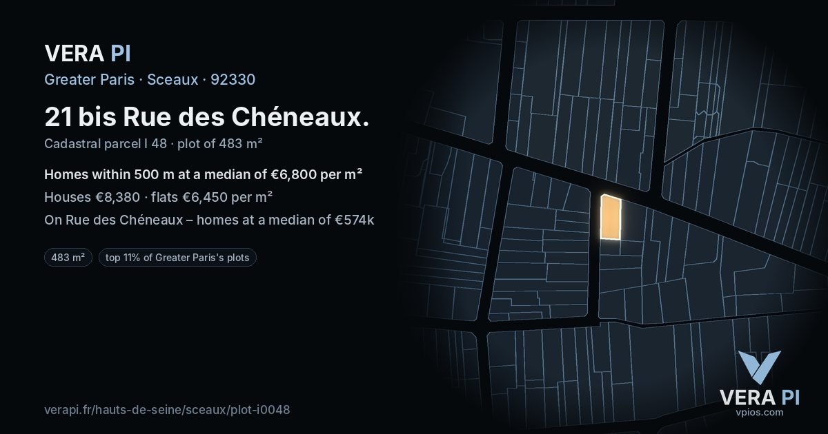 21 bis Rue des Chéneaux, Sceaux at night – the plot lit, the parcels around coloured by the prices near them