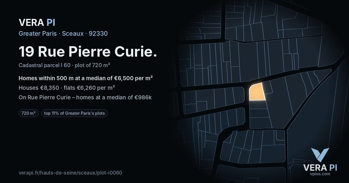19 Rue Pierre Curie, Sceaux at night – the plot lit, the parcels around coloured by the prices near them