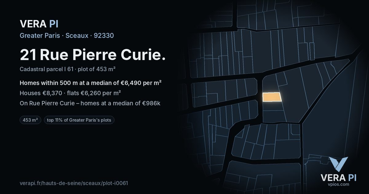 21 Rue Pierre Curie, Sceaux at night – the plot lit, the parcels around coloured by the prices near them