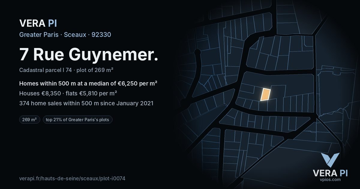 7 Rue Guynemer, Sceaux at night – the plot lit, the parcels around coloured by the prices near them