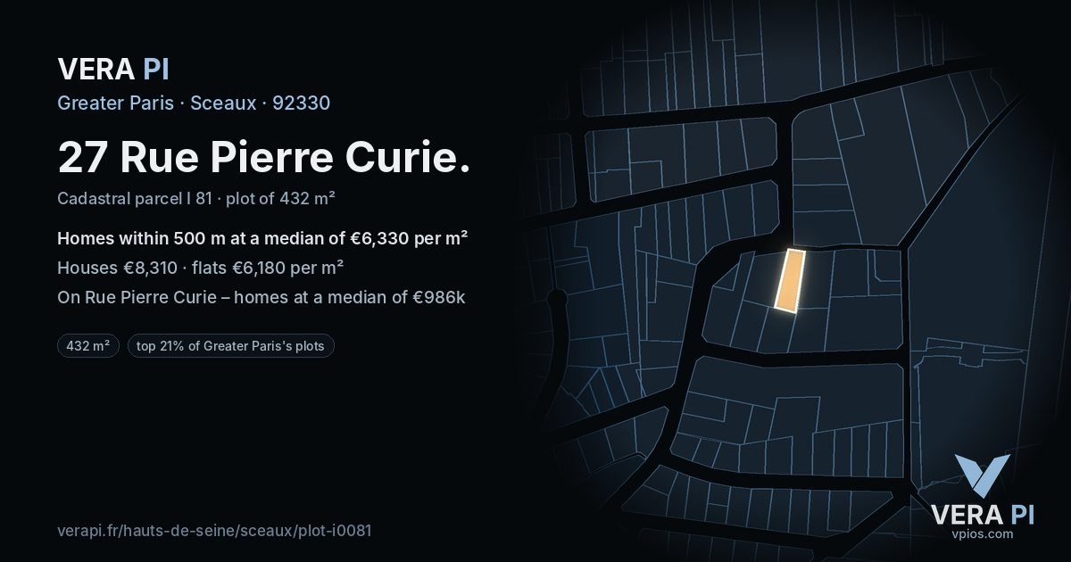 27 Rue Pierre Curie, Sceaux at night – the plot lit, the parcels around coloured by the prices near them