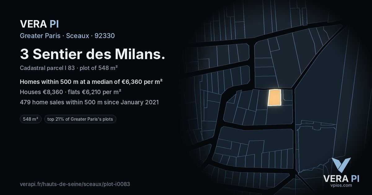 3 Sentier des Milans, Sceaux at night – the plot lit, the parcels around coloured by the prices near them