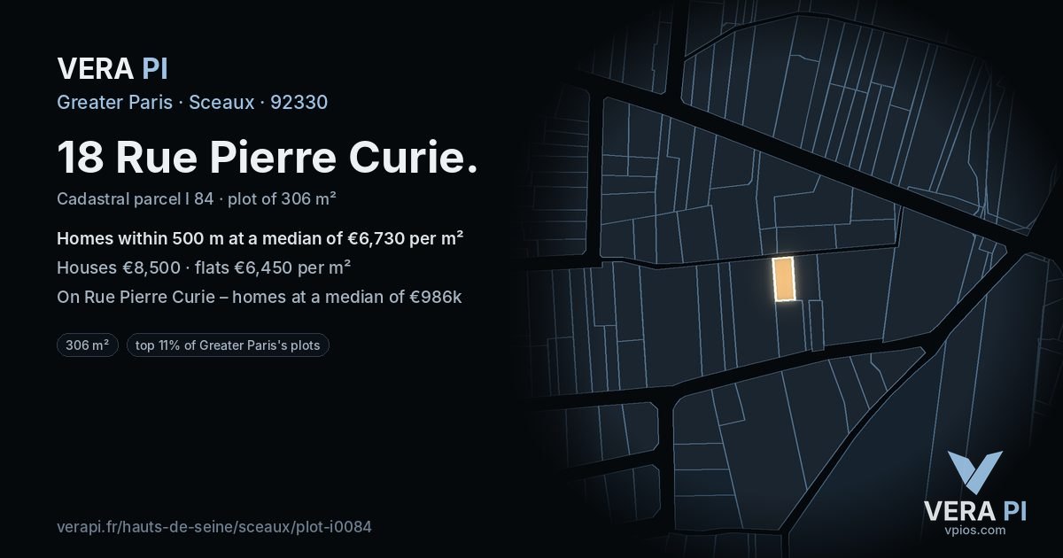18 Rue Pierre Curie, Sceaux at night – the plot lit, the parcels around coloured by the prices near them