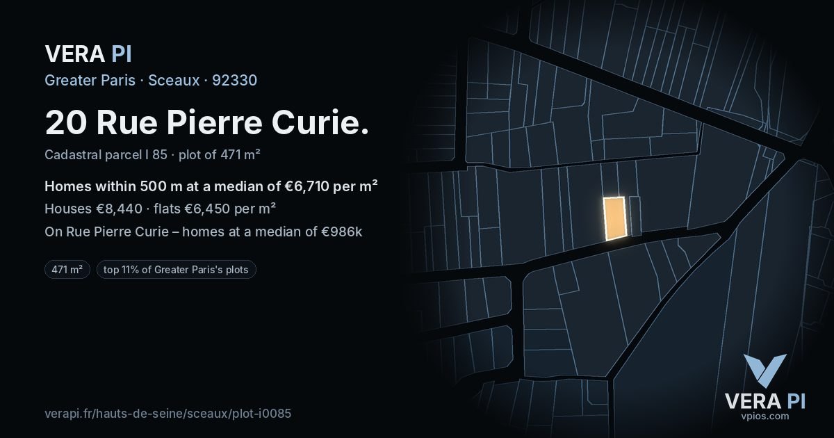 20 Rue Pierre Curie, Sceaux at night – the plot lit, the parcels around coloured by the prices near them
