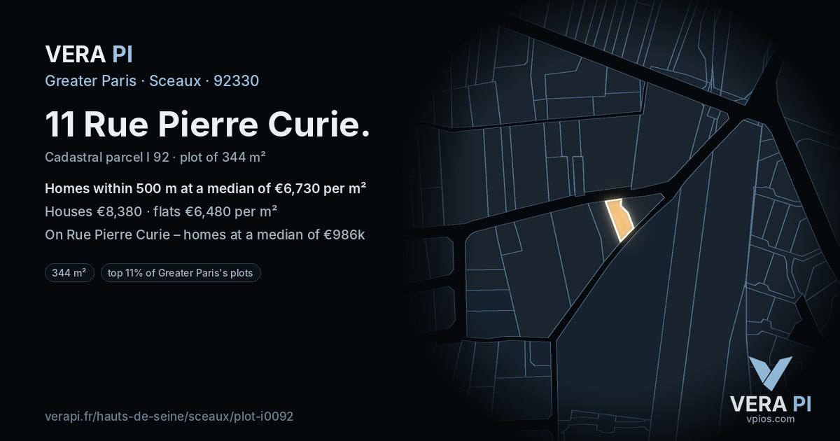 11 Rue Pierre Curie, Sceaux at night – the plot lit, the parcels around coloured by the prices near them