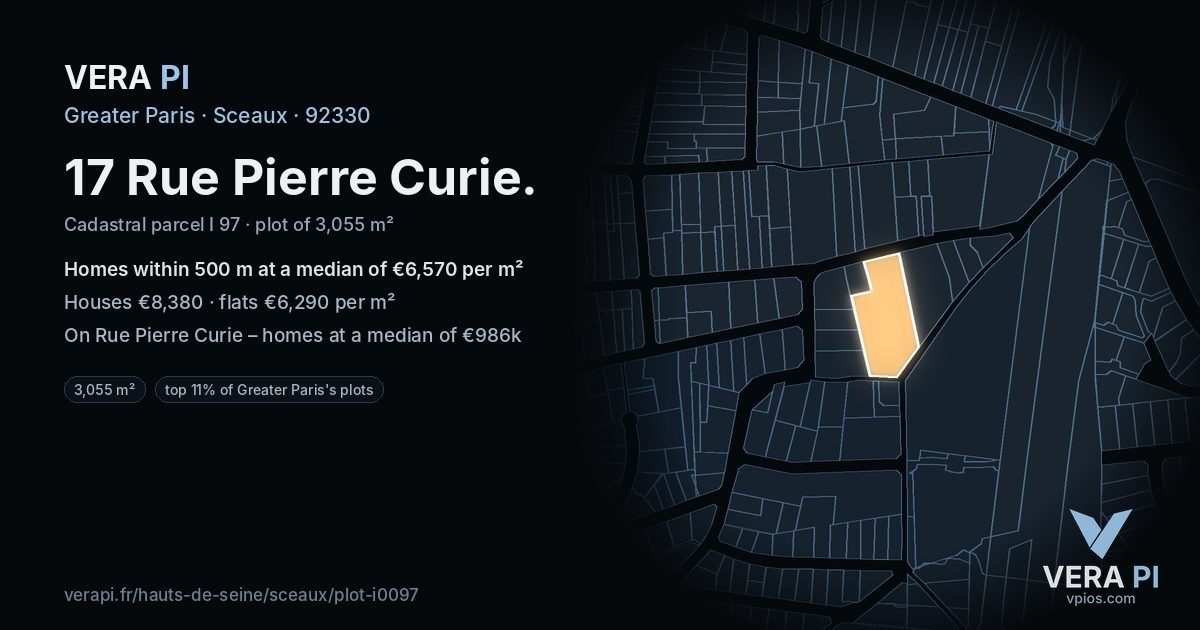 17 Rue Pierre Curie, Sceaux at night – the plot lit, the parcels around coloured by the prices near them