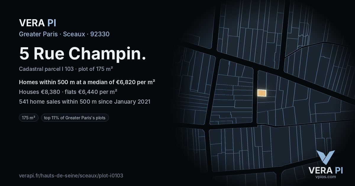 5 Rue Champin, Sceaux at night – the plot lit, the parcels around coloured by the prices near them