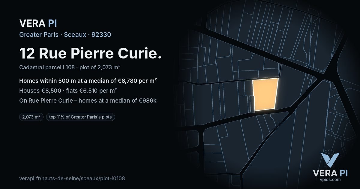 12 Rue Pierre Curie, Sceaux at night – the plot lit, the parcels around coloured by the prices near them