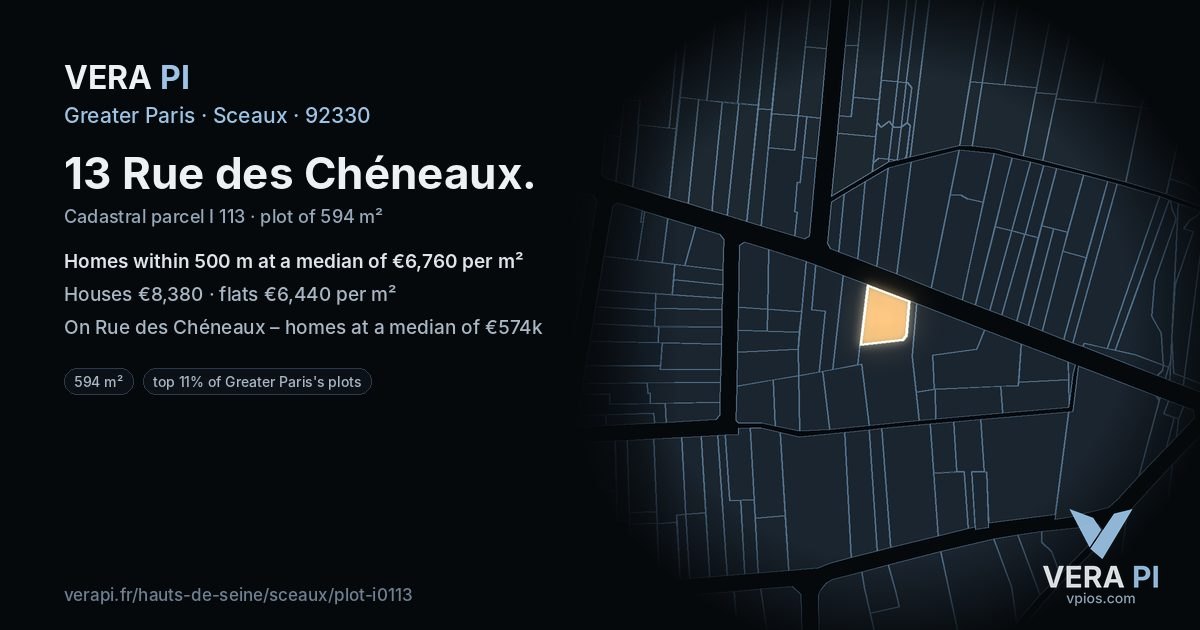 13 Rue des Chéneaux, Sceaux at night – the plot lit, the parcels around coloured by the prices near them