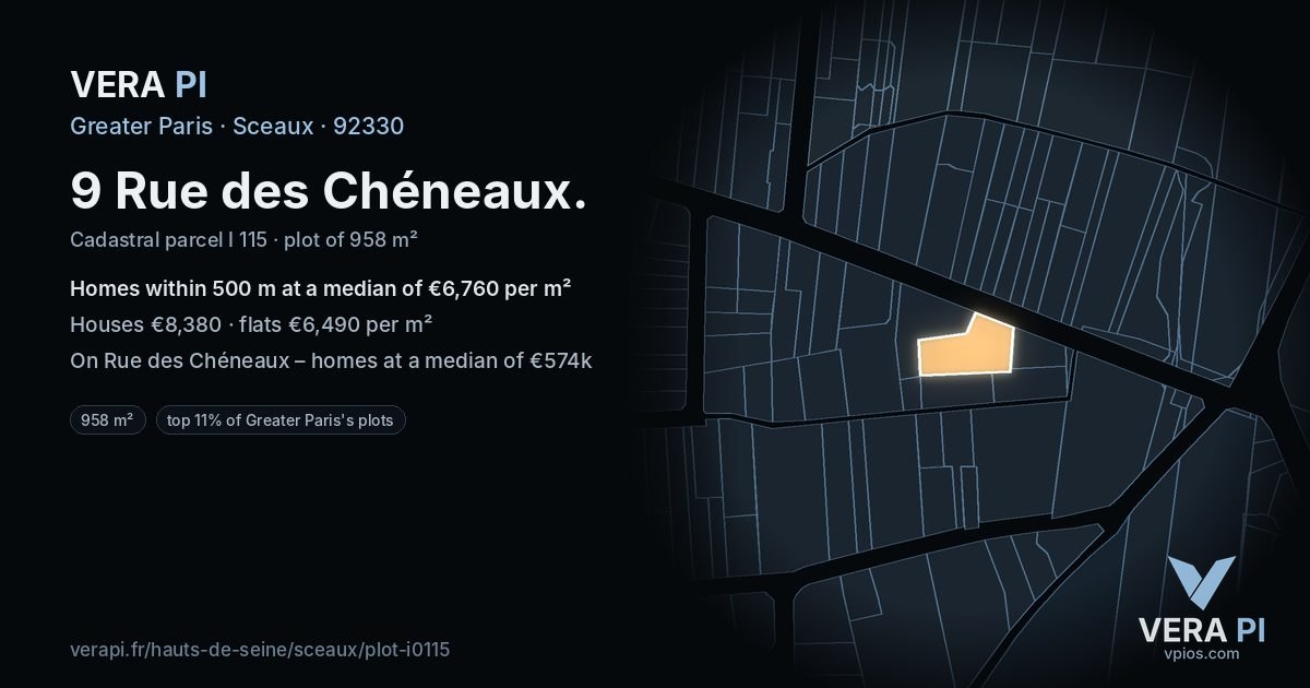 9 Rue des Chéneaux, Sceaux at night – the plot lit, the parcels around coloured by the prices near them