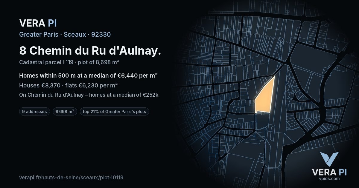 8 Chemin du Ru d'Aulnay, Sceaux at night – the plot lit, the parcels around coloured by the prices near them