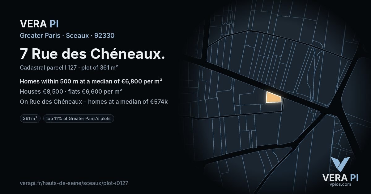 7 Rue des Chéneaux, Sceaux at night – the plot lit, the parcels around coloured by the prices near them