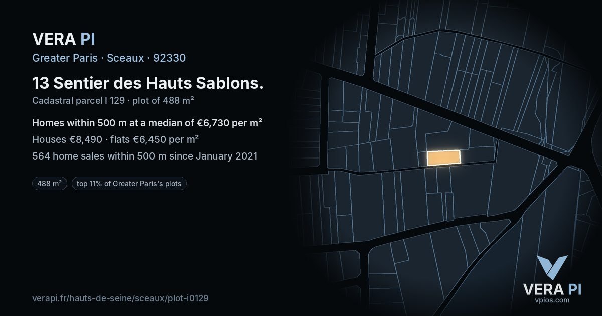 13 Sentier des Hauts Sablons, Sceaux at night – the plot lit, the parcels around coloured by the prices near them