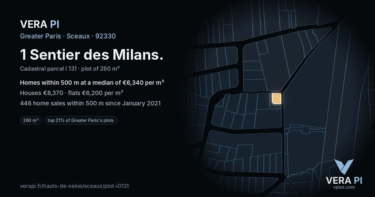1 Sentier des Milans, Sceaux at night – the plot lit, the parcels around coloured by the prices near them
