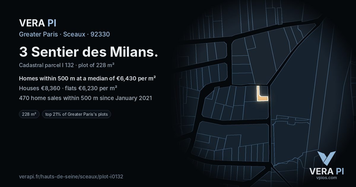 3 Sentier des Milans, Sceaux at night – the plot lit, the parcels around coloured by the prices near them