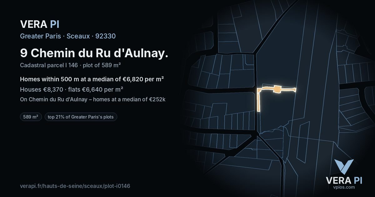 9 Chemin du Ru d'Aulnay, Sceaux at night – the plot lit, the parcels around coloured by the prices near them