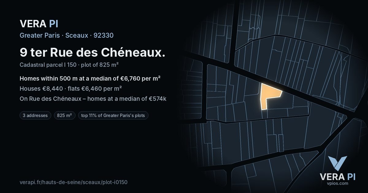 9 ter Rue des Chéneaux, Sceaux at night – the plot lit, the parcels around coloured by the prices near them