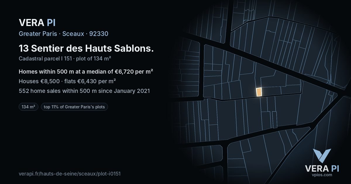 13 Sentier des Hauts Sablons, Sceaux at night – the plot lit, the parcels around coloured by the prices near them