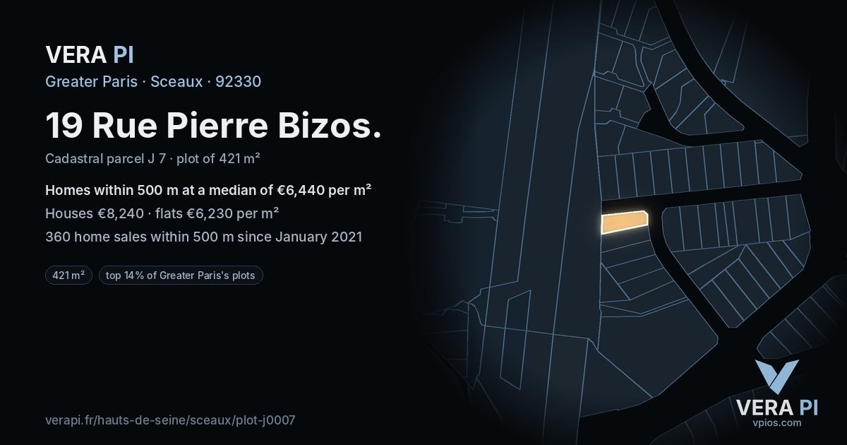 19 Rue Pierre Bizos, Sceaux at night – the plot lit, the parcels around coloured by the prices near them