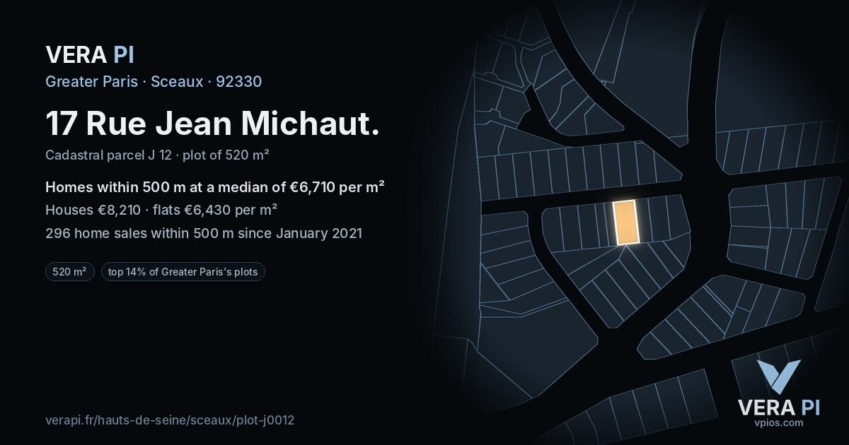 17 Rue Jean Michaut, Sceaux at night – the plot lit, the parcels around coloured by the prices near them