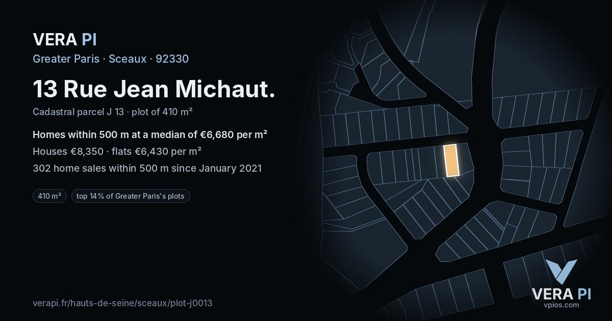 13 Rue Jean Michaut, Sceaux at night – the plot lit, the parcels around coloured by the prices near them