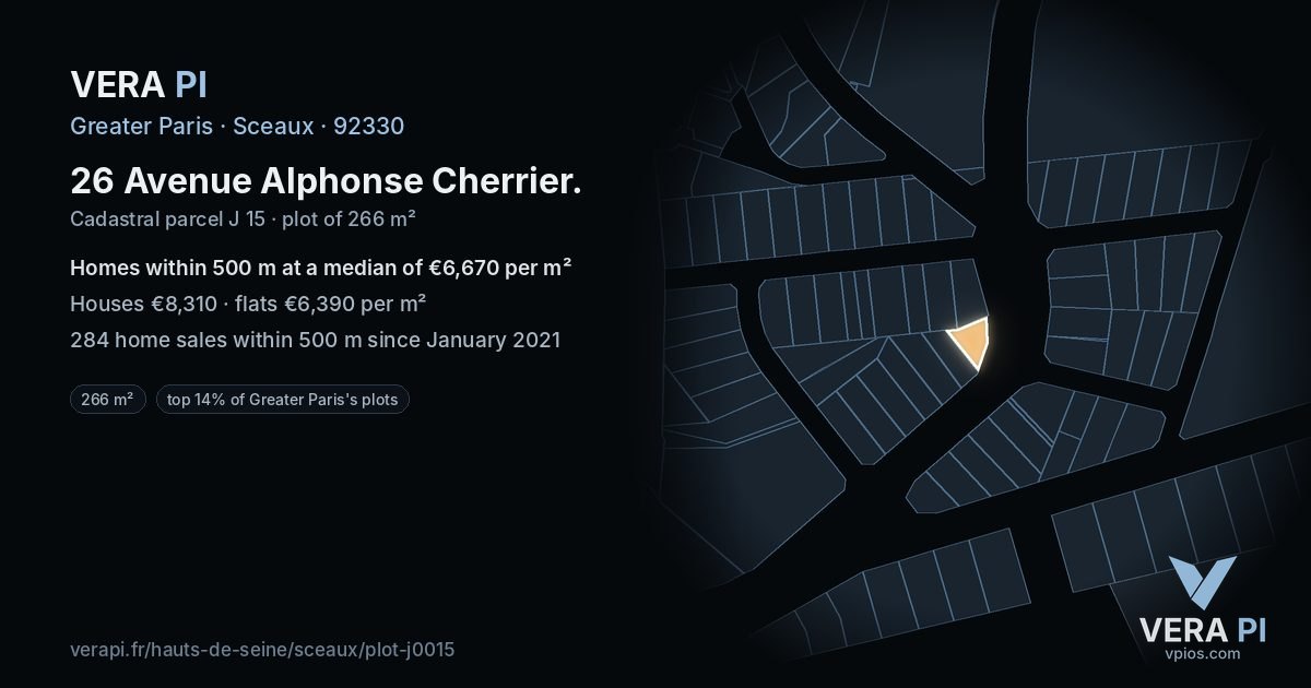 26 Avenue Alphonse Cherrier, Sceaux at night – the plot lit, the parcels around coloured by the prices near them