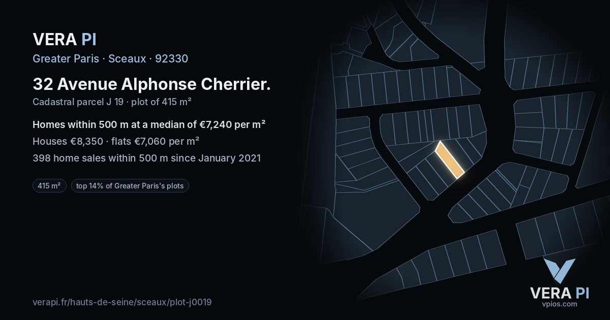 32 Avenue Alphonse Cherrier, Sceaux at night – the plot lit, the parcels around coloured by the prices near them