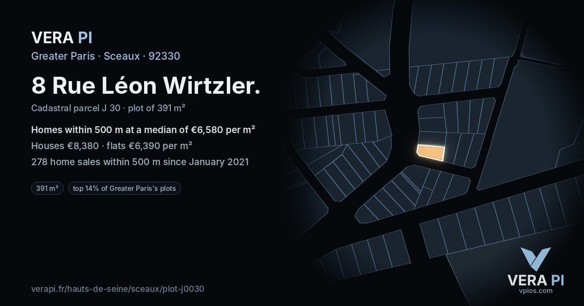 8 Rue Léon Wirtzler, Sceaux at night – the plot lit, the parcels around coloured by the prices near them