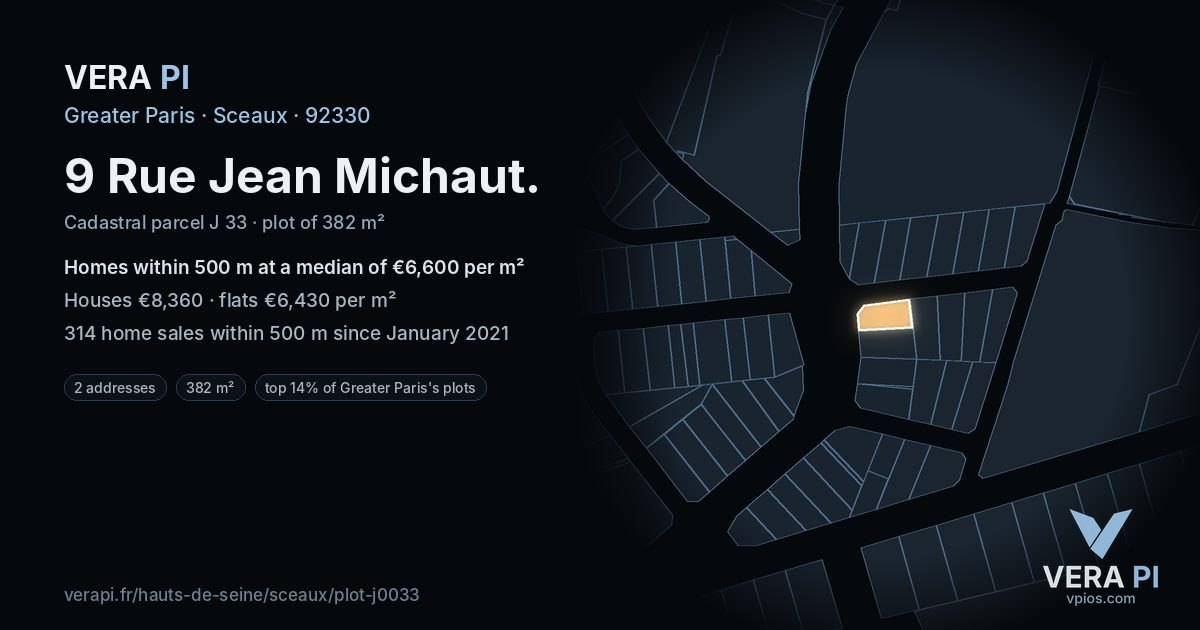 9 Rue Jean Michaut, Sceaux at night – the plot lit, the parcels around coloured by the prices near them