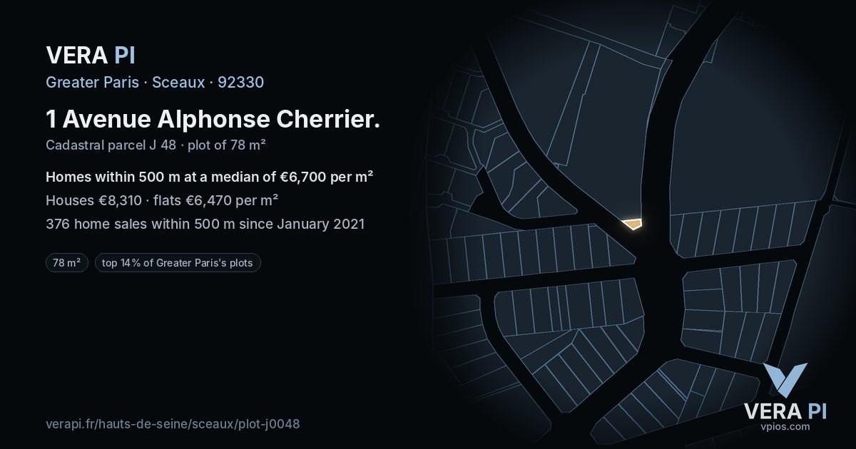 1 Avenue Alphonse Cherrier, Sceaux at night – the plot lit, the parcels around coloured by the prices near them
