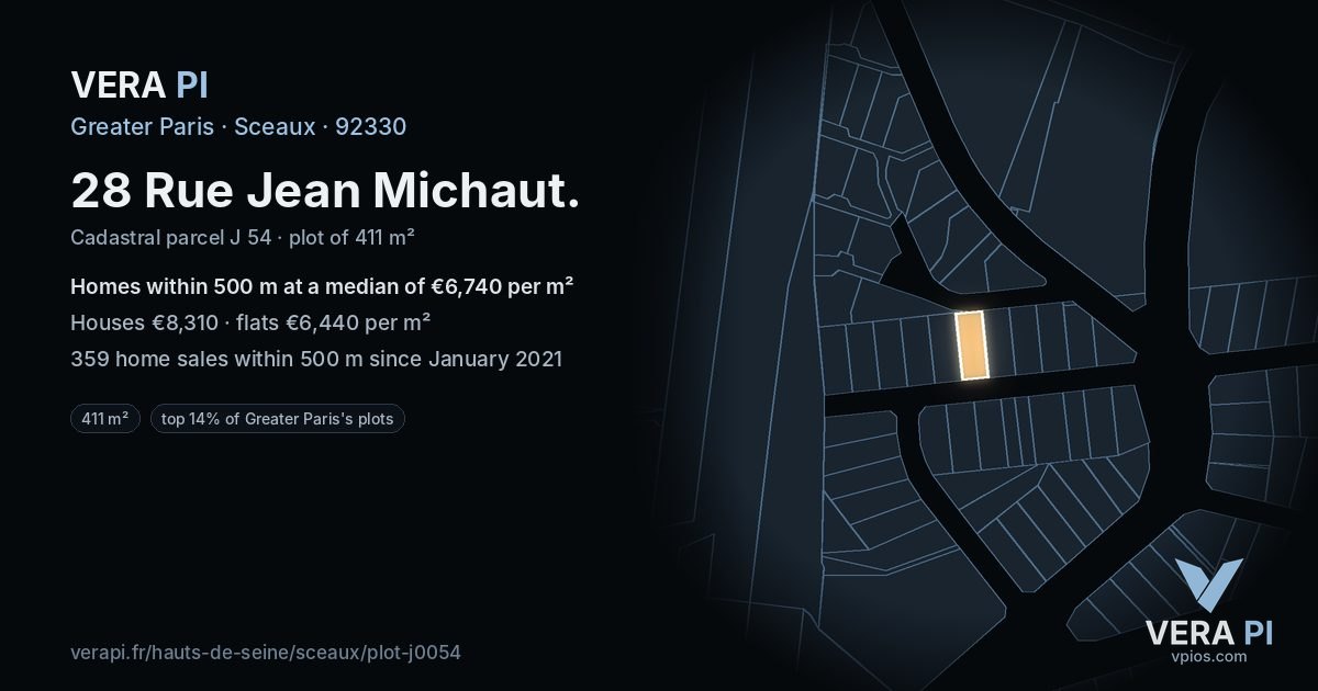 28 Rue Jean Michaut, Sceaux at night – the plot lit, the parcels around coloured by the prices near them