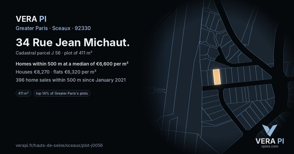 34 Rue Jean Michaut, Sceaux at night – the plot lit, the parcels around coloured by the prices near them