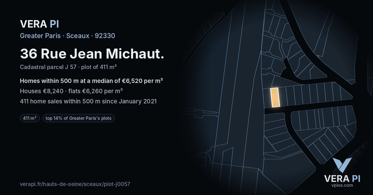 36 Rue Jean Michaut, Sceaux at night – the plot lit, the parcels around coloured by the prices near them