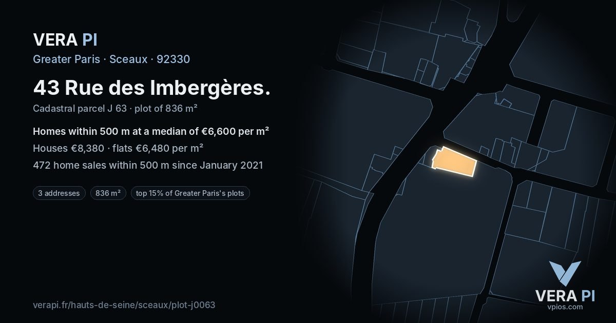 43 Rue des Imbergères, Sceaux at night – the plot lit, the parcels around coloured by the prices near them