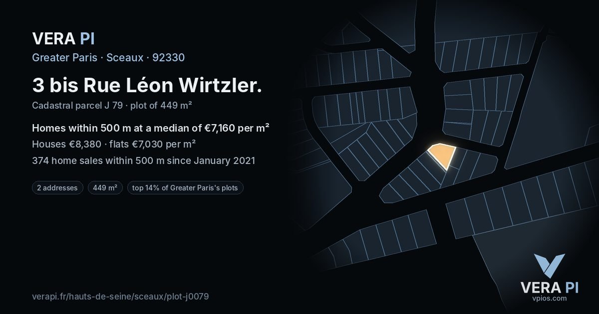 3 bis Rue Léon Wirtzler, Sceaux at night – the plot lit, the parcels around coloured by the prices near them