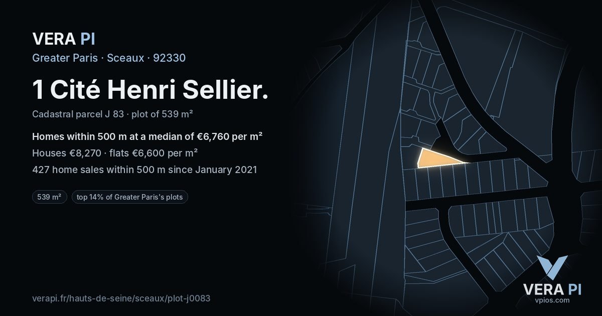 1 Cité Henri Sellier, Sceaux at night – the plot lit, the parcels around coloured by the prices near them