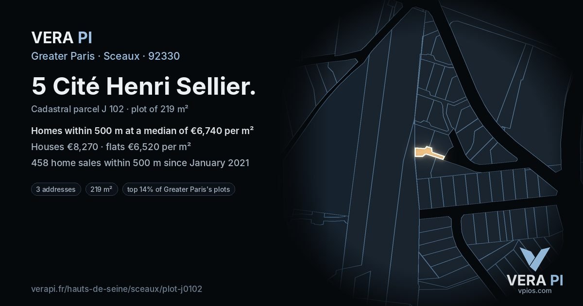 5 Cité Henri Sellier, Sceaux at night – the plot lit, the parcels around coloured by the prices near them