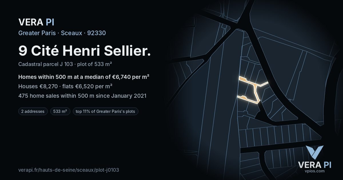 9 Cité Henri Sellier, Sceaux at night – the plot lit, the parcels around coloured by the prices near them